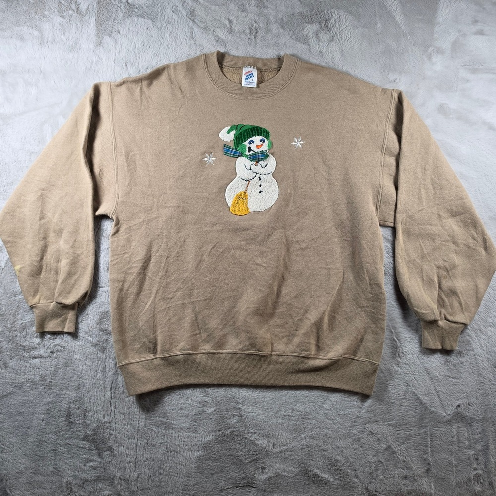 Jerzees Sweatshirt Womens Large‎ Tan Snowman Vintage Christmas Super Sweats USA